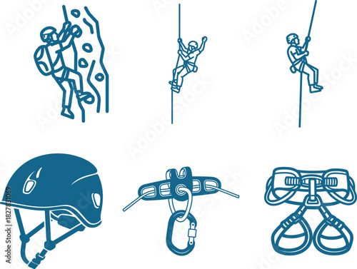 Rock Climbing and Rappelling Equipment Vector Set Featuring Helmet and Harness for Outdoor Activities a Comprehensive Visual Guide for Adventurers and Enthusiasts