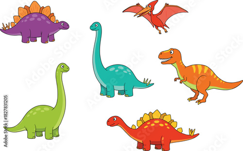 Cartoon dinosaurs set, colorful prehistoric creatures, friendly design, kids illustration, Stegosaurus, Brachiosaurus, Pterodactyl, Tyrannosaurus Rex, fun, educational, Jurassic, fantasy