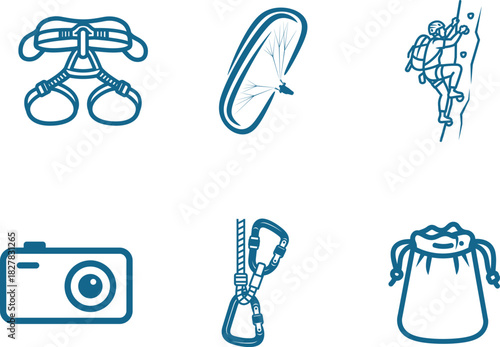 Vector illustration of outdoor adventure and travel equipment icons in blue outline style representing activities such as rock climbing paragliding and photography showcasing gear for thrill seekers