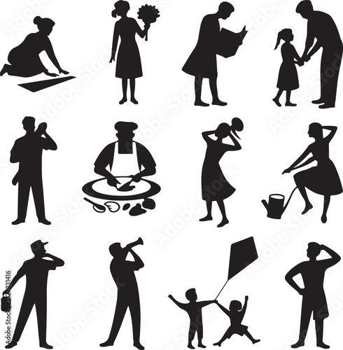 Diverse silhouettes of people engaged in various activities and hobbies
