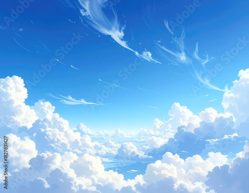 Serene bright blue sky with puffy, white cloudscape