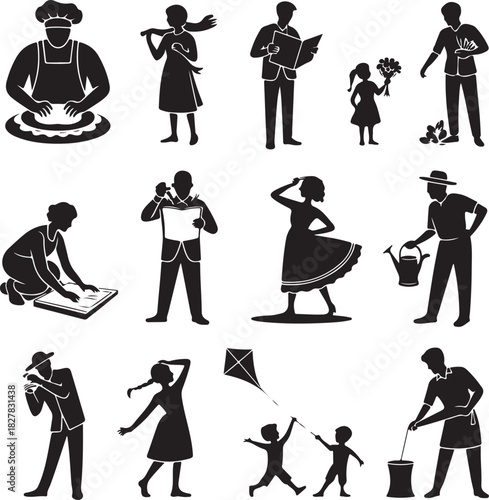 Diverse silhouettes of people engaged in various activities in black and white