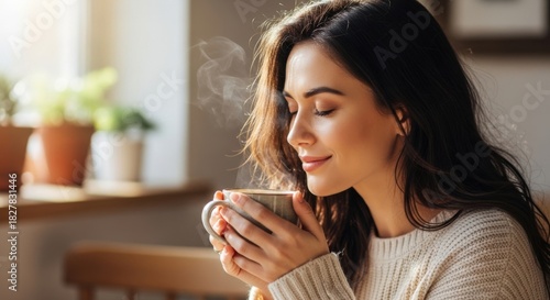 Young woman enjoying warm drink in cozy sunlight