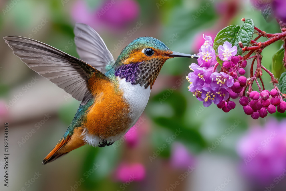 Obraz premium Hummingbird Hovering Near Purple Flowers