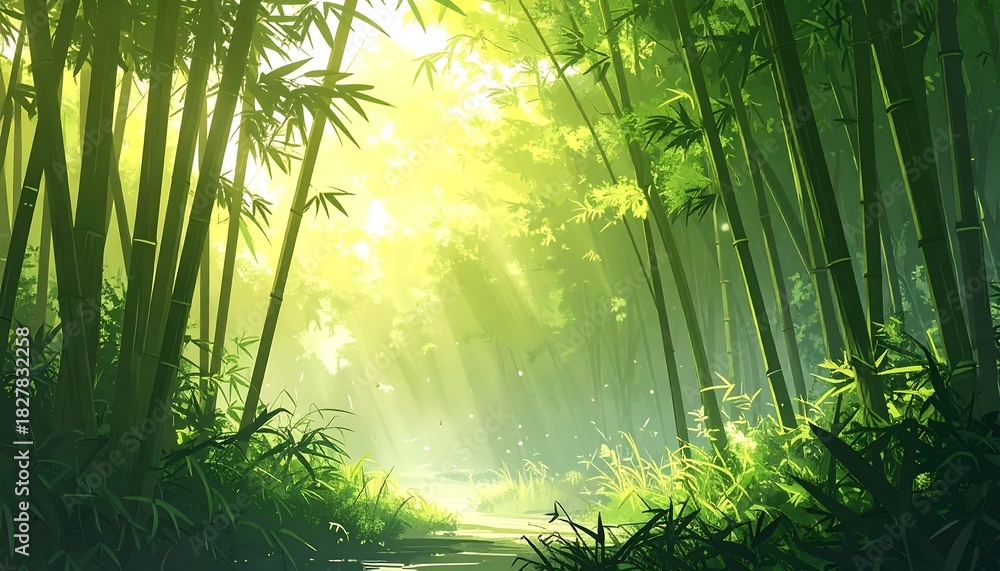 Fototapeta premium Cartoon bamboo forest scene with bright sunlight streaming through the trees
