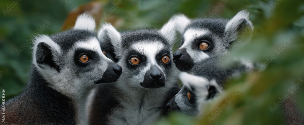 Obraz premium The group of lemurs participating in reciprocal grooming behavior
