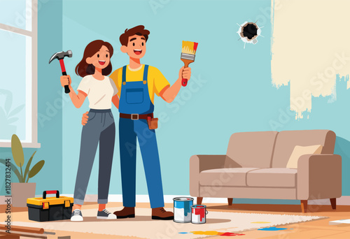 Couple smiling, ready to renovate a home, with tools and paints in a room. Paint splashed on floor