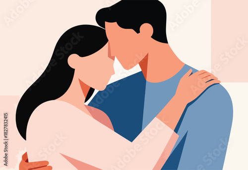 Abstract illustration depicts a close embrace between a man and woman in flat design style
