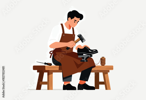 A craftsman in an apron, seated, hammering a shoe on an anvil. A spool of thread and a tool rest on a bench