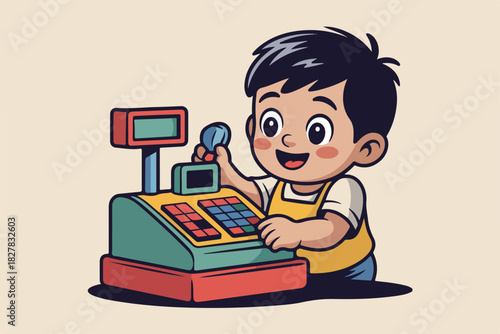 Illustration depicts a smiling child with a cash register, appearing to make a transaction. The background is a pale beige