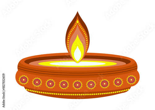 Traditional indian oil lamp diya with a glowing flame, isolated on transparent background