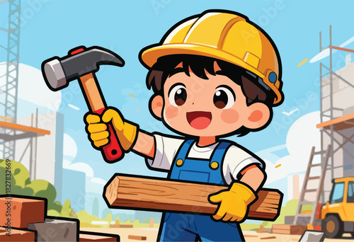 A cartoon child wearing a yellow hardhat and blue overalls excitedly hammers a board in a construction scene