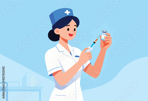 A cartoon nurse smiles while preparing a syringe, holding a vial of medicine against a blue backdrop