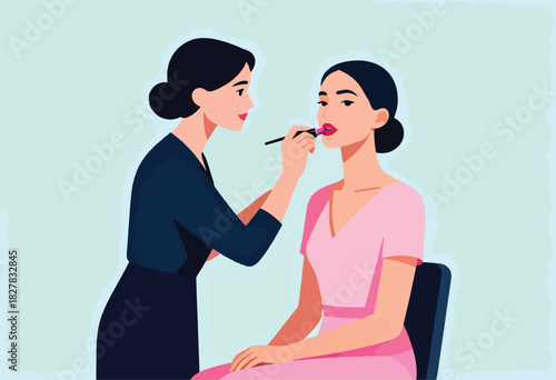 A makeup artist applies lipstick to a seated woman, showcasing beauty and preparation