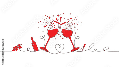 Illustration of two wine glasses toasting with a heart and wine bottle.