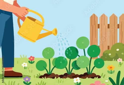 Cartoon illustration depicts a person watering plants with a yellow watering can in a garden setting