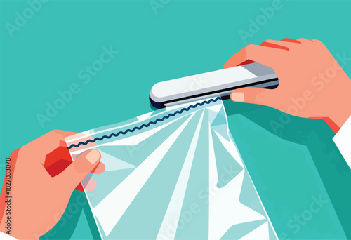 Hands using a sealing device on a transparent plastic bag. Flat illustration with vibrant colors