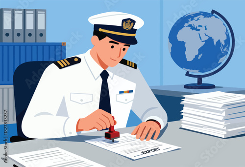 A uniformed officer stamps an "EXPORT" document at his desk. A globe and paperwork are present, symbolizing international trade