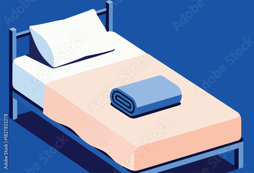 Isometric illustration of a bed with a pillow, folded blanket, and covers in a monochromatic blue and peach color scheme