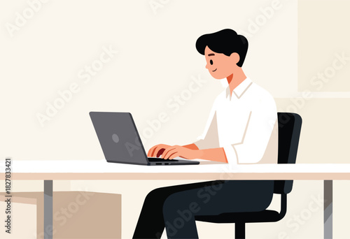 A smiling person types on a laptop at a desk. Simple illustration. Black hair, white shirt, dark pants. Minimalistic design