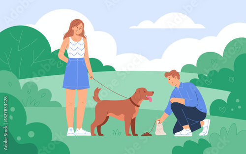 A cheerful couple enjoys a sunny day in the park, walking their dog, capturing the essence of love, companionship, and the joy of spending quality time with pets in nature.