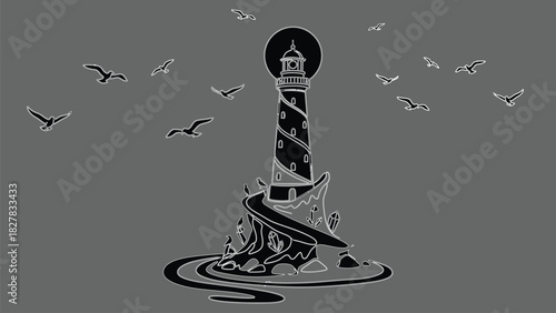 A stylized graphic illustration of a lighthouse with a full moon, splashing waves, and a flock of flying seagulls.