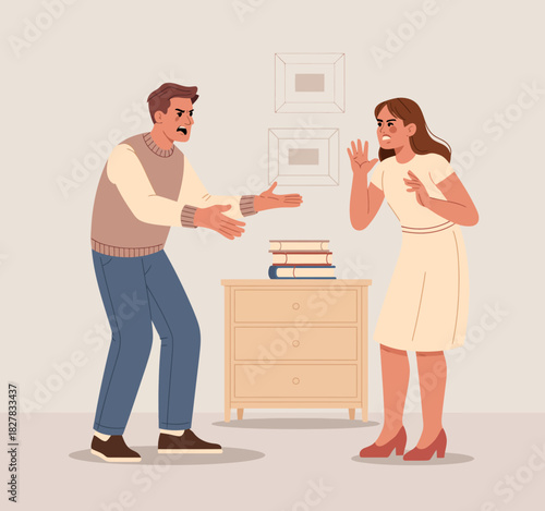 A depiction of a tense argument between a man and a woman, showcasing emotional frustration, with a minimalist background emphasizing their expressions and body language.