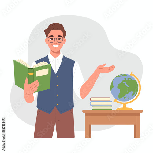 A friendly teacher holds a book in one hand, gesturing enthusiastically with a globe and stack of books nearby, representing education and knowledge sharing in classrooms.
