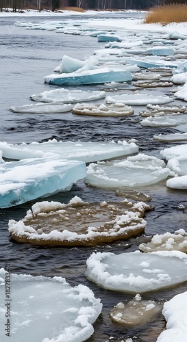 Ice floes drift on a dark river during winter's freeze.