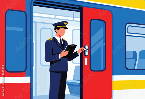 Illustration of a train conductor in uniform, inside a train carriage, holding clipboard, and checking the door