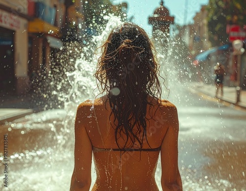 Young woman enjoying a refreshing splash of water on a hot summer day in the city street