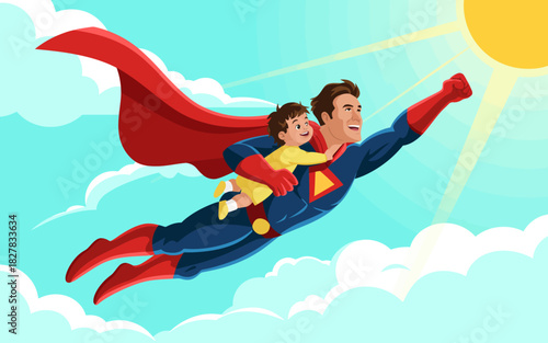 A superhero is flying joyfully through the clouds with a child on their back, representing the spirit of adventure, imagination, and the bond between parent and child.