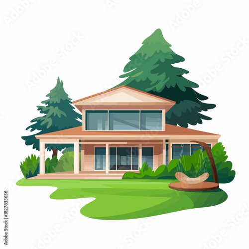 A stylish modern house is set against a backdrop of towering trees and lush greenery, promoting an eco-friendly lifestyle and blending architecture with natural elements seamlessly.