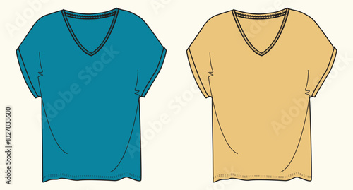 Vector Two simple v neck tunic dresses in teal and gold illustration on a cream background