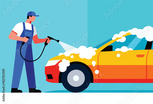A worker washes a colorful car with foam, using a pressure washer, against a textured blue backdrop