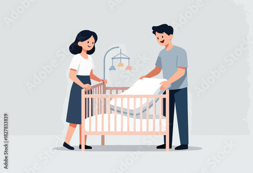 A man and woman prepare a crib for a baby, smiling. A mobile hangs above. Illustration style
