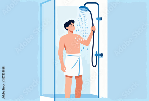 A man showering, depicted in a flat illustration style within a blue-toned bathroom setting