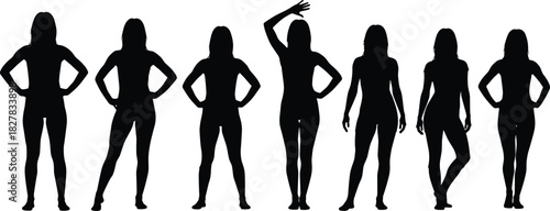 Set of Female Silhouettes Vector Collection Posing in Swimwear or Fitness Attire, Woman, Body Shape, Confidence, Beauty, Health, Fitness, and Full Body Poses Isolated on White.