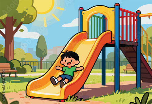 A cartoon child is having fun on a playground slide. The background shows trees, benches, and a sunny sky