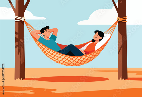 A couple relaxing in an orange hammock suspended between two trees. Light blue sky, clouds, and orange sand