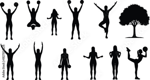 Collection of Female Fitness and Yoga Silhouettes Vector Set Including Tree, Woman Exercising with Ball and Dumbbells, Wellness, Nature, Balance, and Active Lifestyle.