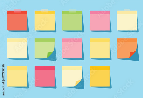 Vector illustration of various colorful sticky notes with shadow and tape on a light blue background