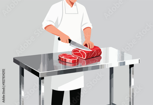 A butcher wearing a white apron is slicing a large piece of red meat on a shiny steel table with a sharp knife