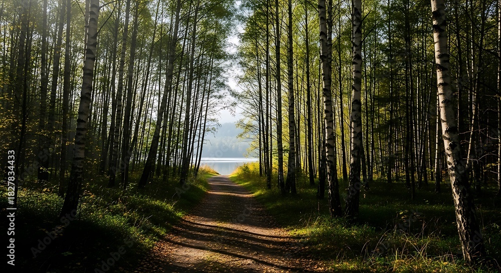 Obraz premium Woodland path leads to sunlit lake through tall birch trees.
