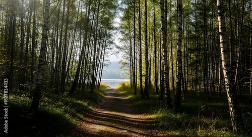 Woodland path leads to sunlit lake through tall birch trees.