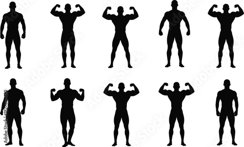 Strong Muscular Male Body Silhouettes Vector Collection Poses, Bodybuilder Flexing Double Biceps, Fitness, Power, Strength, Healthy Lifestyle, and Athletic Training Icon Set.