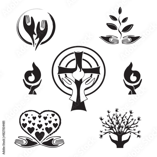 Ensemble d'Icônes Illustration Spiritualité Religion pour Design Logos Vecteur Noir et Blanc