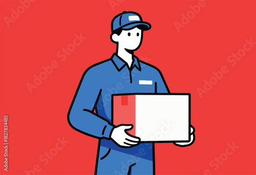 A stylized courier figure, clad in blue, holding a package against a red backdrop