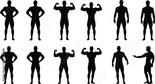 Vector Collection of Muscular Male Body Silhouettes Posing and Flexing Muscles, Strong Man, Fitness, Bodybuilding Competition, Health, Power, and Athletic Performance Icon Set.