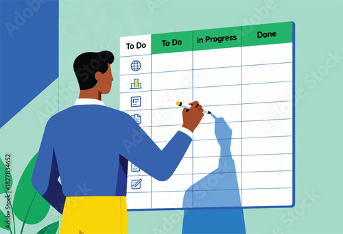 An illustrated person fills a "to-do" list board with a marker. Board has columns To Do, In Progress, Done